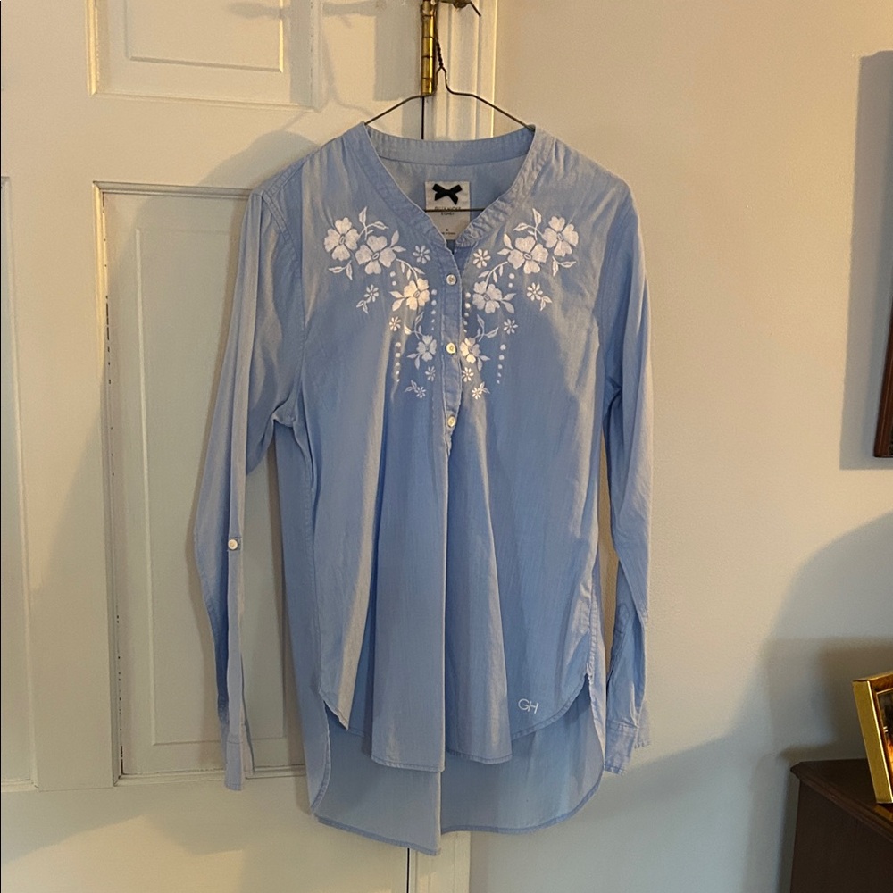 Gilly Hicks Light Blue Blouse with White Floral Design